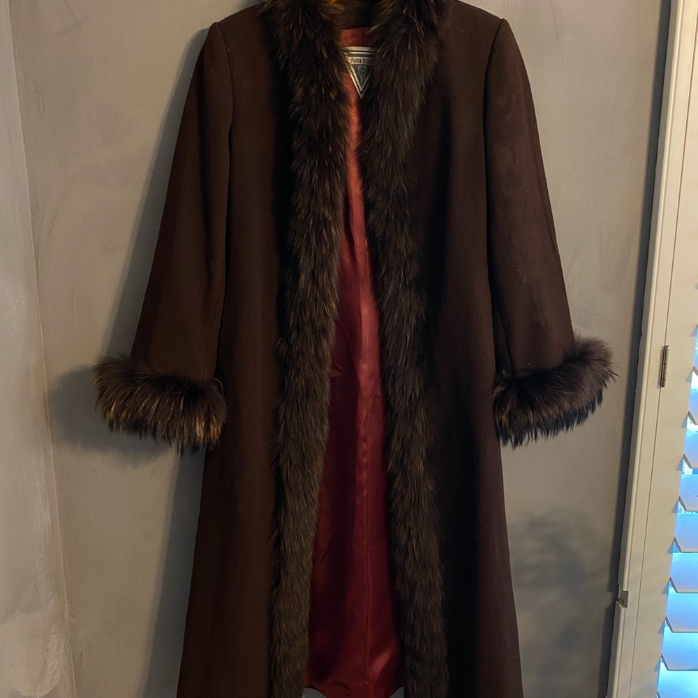 Wool and Fox Fur Long Coat in Coffee
